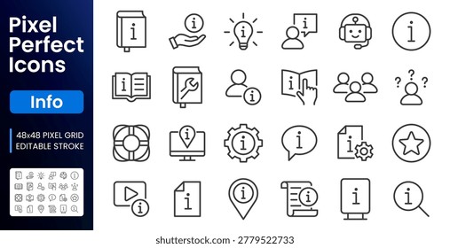 Info customer support line icons set. AI chatbot, tutorial, troubleshooting manual, FAQ, rescue lifebuoy flat minimal vector illustrations. Simple outline signs. 48x48 Pixel Perfect. Editable Stroke.