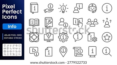 Info customer support line icons set. AI chatbot, tutorial, troubleshooting manual, FAQ, rescue lifebuoy flat minimal vector illustrations. Simple outline signs. 48x48 Pixel Perfect. Editable Stroke.
