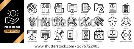 Info desk icon set collection in outline style. an icon pack containing icons of info, location, calendar, brochure and more.