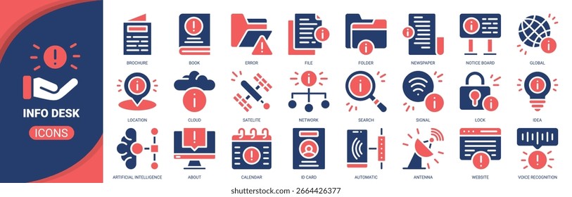 Info desk icon set. Containing icon of info, search, location, calendar, brochure and more. Solid vector icons collection.