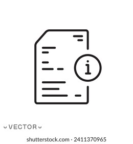 ícono de documento de información, instrucciones de uso, términos del contrato, datos personales o cuestionario, información de garantía, línea delgada aislada en fondo blanco, pasos de trazo editable 10 ilustración vectorial