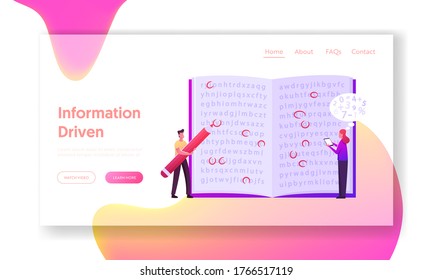 Info Encryption, Coding Landing Page Template. Tiny Characters at Open Book with Text, Man Highlighting Letters with Red Pencil, Woman Enter Information in Mobile. Cartoon People Vector Illustration