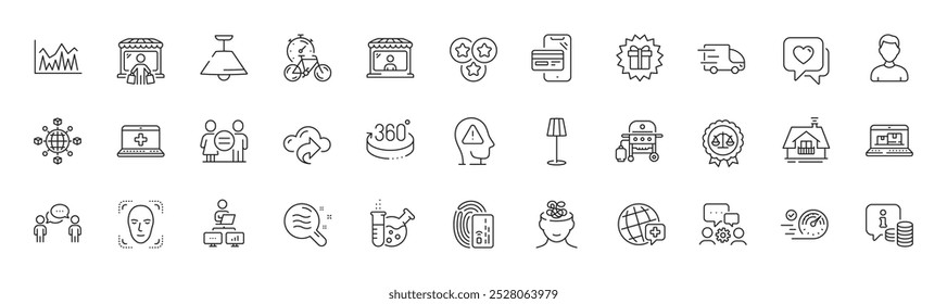 Info, Equality and Anxiety line icons. Pack of Face detection, Justice scales, Consulting business icon. Web inventory, Stars, Cloud share pictogram. Chemistry lab, Surprise gift. Line icons. Vector