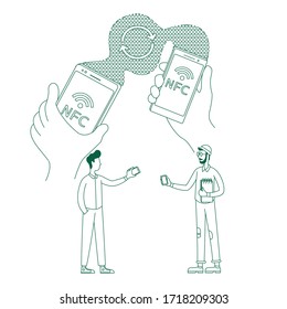 Info exchange, file sending thin line concept vector illustration. People with cellphones 2D cartoon character for web design. NFC, data transfer, wireless connection creative idea