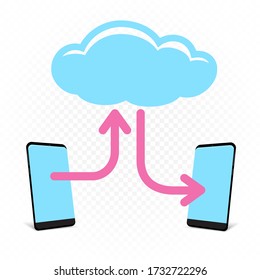 Info exchange through cloud service on white transparent background. Network media communication clouds technology.