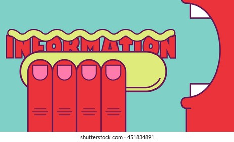 Info fast food. Man eating stylized hotdog with the word Information instead of sausage. Information addiction concept illustration.