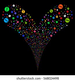Info fireworks stream. Vector illustration style is flat bright multicolored iconic symbols on a black background. Object double fountain done from random pictograms.