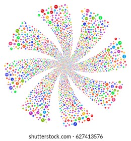 Info fireworks swirl rotation. Vector illustration style is flat bright multicolored iconic symbols on a white background. Object spiral combined from random design elements.