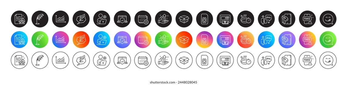 Iconos de línea de contrato Info, Lámpara de pie y Lease. Botones de degradado de iconos redondos. Paquete de Yummy sonrisa, calendario, Derechos de autor chat icono. Sartén, seguro para portátiles, pictograma de noticias falsas. Vector