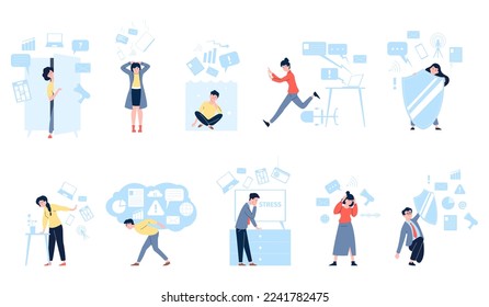 Info flow stress people overload. Info work data and entertainment. Businessman in overwhelming depression. Recent messages and news vector scenes