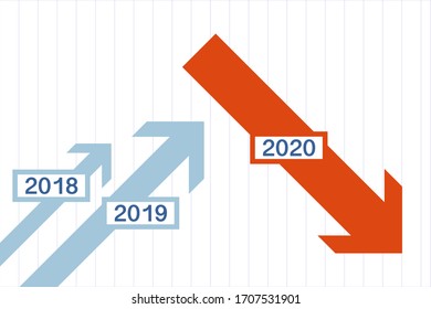 Info graph chart showing arrows representing economic growth in 2019 and decline in 2020. svg