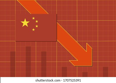 Info graph chart showing the flag of China and red arrow going down representing economic decline.  svg