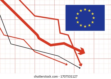 Info graph chart showing the flag of European Union and red arrows pointing down representing economic decline.  svg