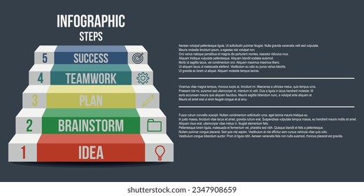 Info graph of stairs, and icons on one side, numbers on the other. Idea, brainstorming, plan, teamwork, success. Info graph of stairs, and icons on one side, numbers on the other.