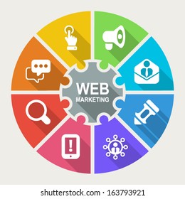 Info Graphic About Web Marketing, Icons Flat Colorful