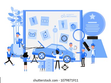 Info graphic automotive mechanic concept. Character vector design.