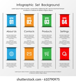 Info graphic background with colorful stripes, text and icons