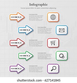 Info graphic background with five options with arrows and text