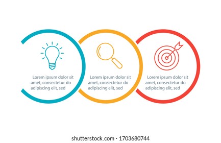 Info graphic for business presentation with 3 steps or option. Timeline infographics template with colorful circles and outline icons. Three parts for workflow layout design. Vector illustration.