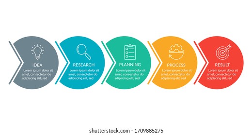 Info graphic for business presentation with 5 steps or option. Timeline infographics template with colorful circles and outline icons. Five parts for workflow layout design. Vector illustration.