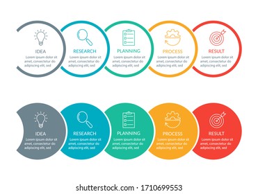 Info graphic for business presentation with 5 steps or option. Timeline infographics template with colorful circles and outline icons. Five parts for workflow layout design. Vector illustration.