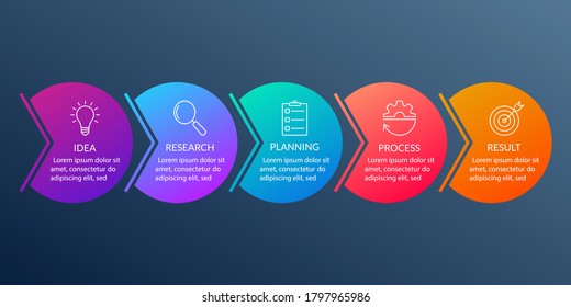 Info graphic for business presentation with 5 steps or option. Timeline infographics template with colorful circles and outline icons. Five parts for workflow layout design. Vector illustration.