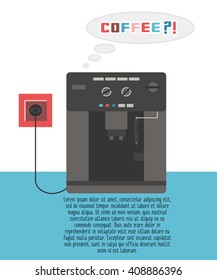 Info graphic of cafe or kitchen with drawn coffee machine. Vector illustration. Background, logo, advertisement.