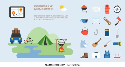 Info graphic of camping, hiking, mountaineering activity, flat design vector icon and elements