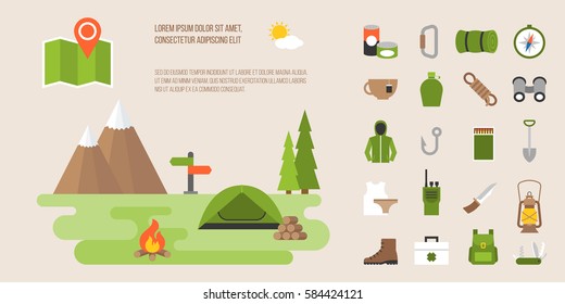 Info graphic of camping, hiking, mountaineering activity, flat design vector icon and elements