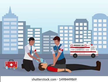 Info Graphic of Cardiopulmonary Resuscitation (CPR) Between Doctor and Assistant for Emergency First Aid Rescue Process on Human , One Part of the Important Process Resuscitation