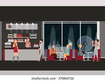 Info graphic of coffee shop . Barista with cup of coffee, man and women meeting in coffee shop, man dating with woman, waitress, working man,  vector illustration.