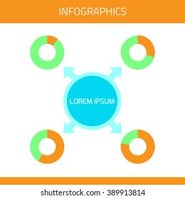  Info graphic design. Circles, stripes and arrows with blue, orange and green colors