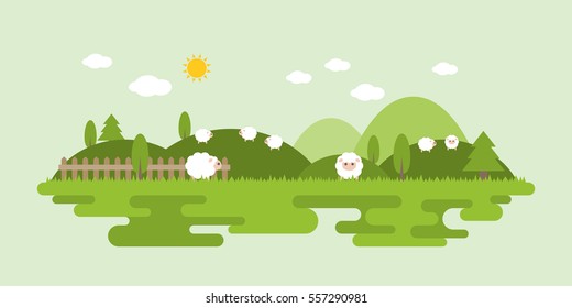 Información gráfica y elementos de los paisajes agrícolas con ovejas, ilustración plana vectorial 