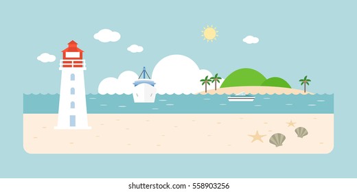 Info graphic and elements of lighthouse, sea, beach and coastal landscapes, flat design vector illustration 