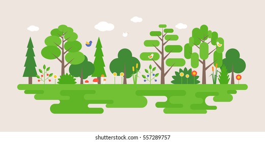 Info graphic and elements of natural forest landscapes, flat design vector illustration 