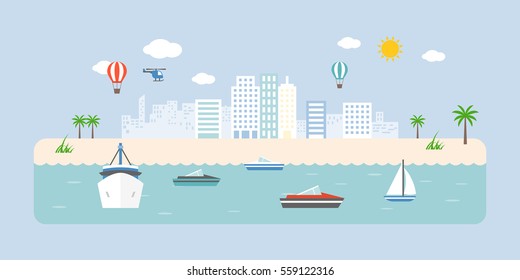 Info graphic and elements of town, transportation in sea, beach and coastal landscapes, flat design vector illustration