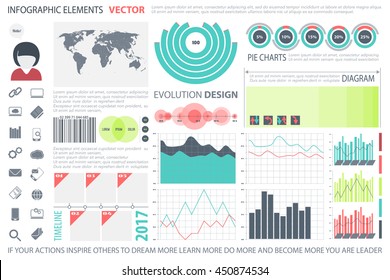 info graphic elements, web technology icons. vector time line diagram, arrow symbol. world map, pie chart icon. financial statistic and marketing report presentation. business banner template