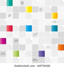 info graphic field of gray and color squares and gray symbols on white background