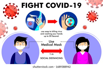 info graphic fight from corona virus with illustration, Social Distancing Concept. People Wear Mask Fight Covid-19. Corona Virus Outbreak Pandemic. Flat design