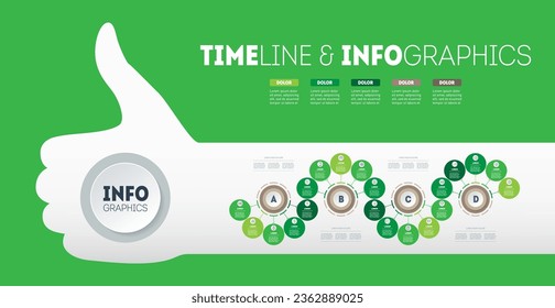 Info graphic in the form of wave consisting of 4 segments and 20 parts. Infographic or timeline with silhouette of thumb up. Positive assessment of business development.