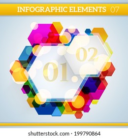 Info graphic hexagonal paper elements on abstract colorful hexagons background. can be used for workflow layout, number options, web design. 
