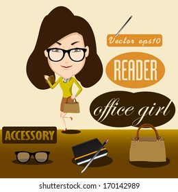 info graphic illustration design vector of office girl and her accessories as glasses, notebook, pencil and bag