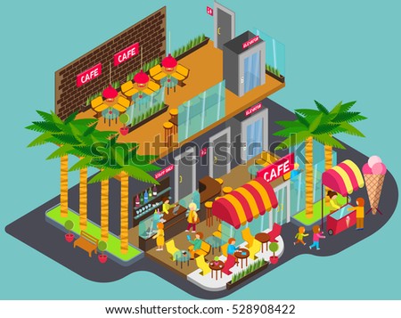 info graphic isometric isolated coffee shop cafe restaurant fast food vector design, staff, people, interior, oudoor 