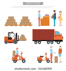 Info graphic of Logistics crate product package delivery service worker transport in process,Express delivery ,Pallet box loader truck loading process, vector illustration.