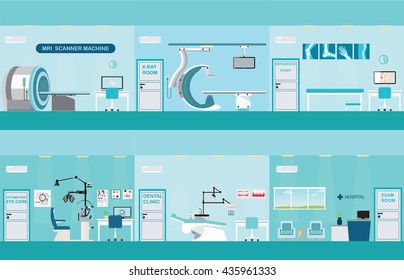 Info graphic of Medical services, dental care, x-ray, Orthopedic clinics, MRI scanner machine, ophthalmic testing device machine, C Arm X-Ray, health care conceptual vector illustration.