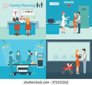 Info Graphic Of Medical Services, Family Planning At The Hospital, Pregnant Women, Newborn Baby,  Stroller, Emergency Room, Exam Room, Health Care Conceptual Vector Illustration.