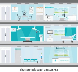 Info graphic of Medical services in hospitals, interior building, dental care, emergency, ear nose throat, health care conceptual vector illustration.