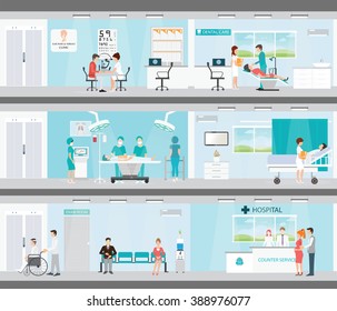 Info graphic of Medical services in hospitals, Patient And Doctor, interior building, dental care, emergency, ear nose throat, health care conceptual vector illustration.