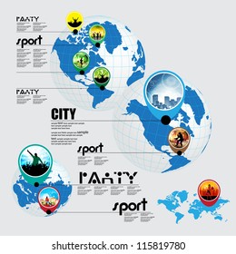 Info graphic of music, sport and shopping on the world