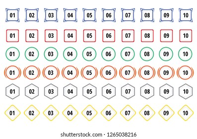 Info graphic numbers in different shapes, Bullet point numbers 1-10 in different style and color, Set of numbers